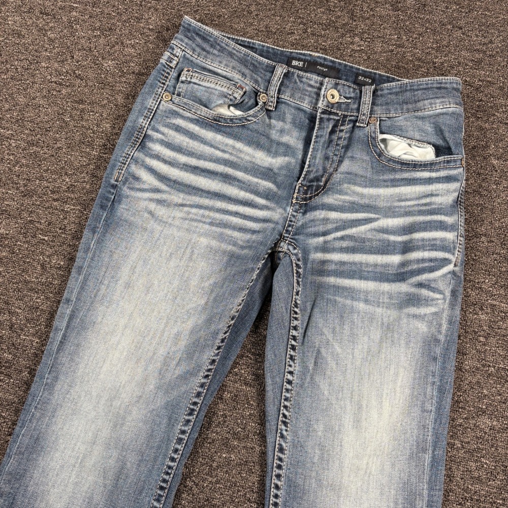BKE Fulton Jeans Mens 32x32 Blue Bootcut Whiskered Stretch Denim